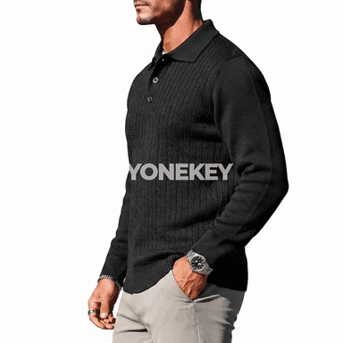 Erkekler üçin ýyly polosaly örme switer, uzyn ýeňli, güýz-gyş modeli