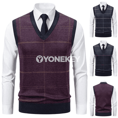Erkekler üçin V boýunly örme switer, güýz-gyş üçin ýyly ýeňsiz top