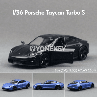 1:36 Porsche Taycan metal modeli çagalar üçin, yza çekilýän
