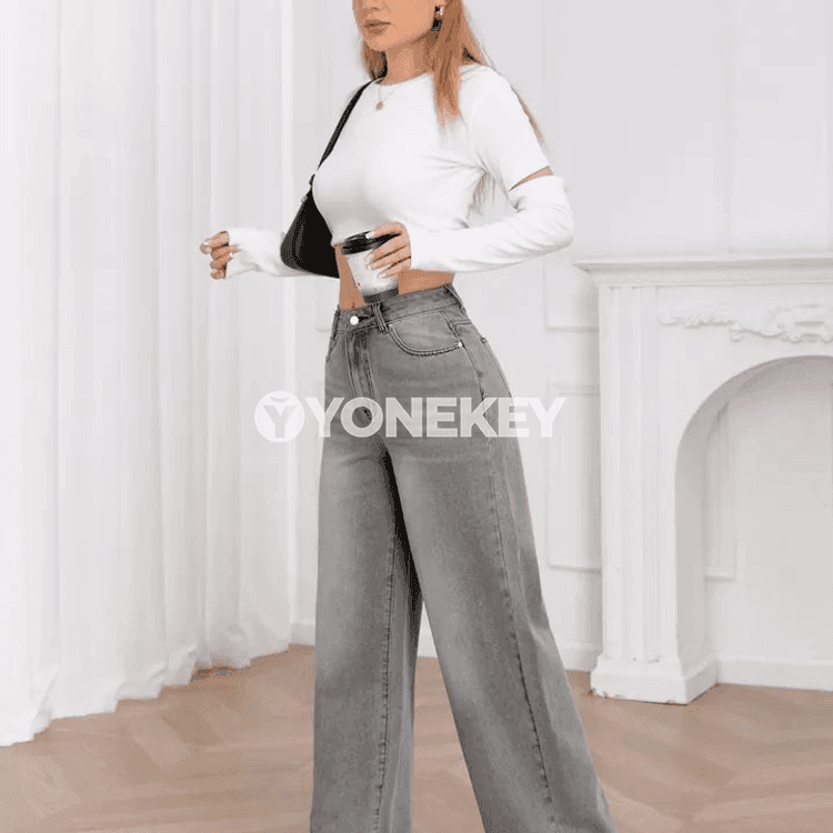 Zenanlar üçin giň kesimli açyk çal jeans, ýokary belli gündelik balak