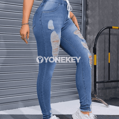 Zenanlar üçin dar kesimli denim jalbar, ýokary gysyşly gündelik stil