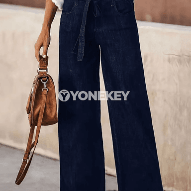 Zenanlar üçin goýy gök giň balakly jeans, ýokary bel