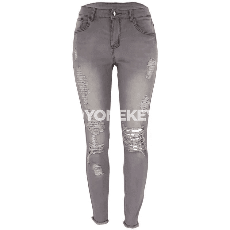 Zenanlar üçin dar kesimli, ýokary elastik, ýyrtyk denim jeans