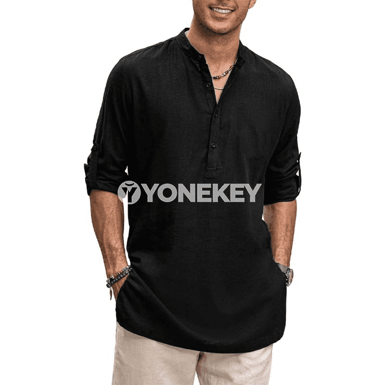 Erkekler üçin pagta Henley köýnegi, uzyn ýeňli, birmeňzeş reňkli