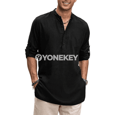 Erkekler üçin pagta Henley köýnegi, uzyn ýeňli, birmeňzeş reňkli
