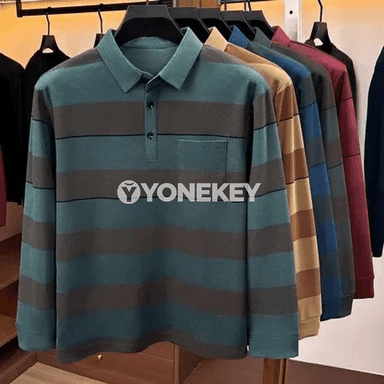 Erkekler üçin zolakly uzyn ýeňli polo kofta, döş jübüli