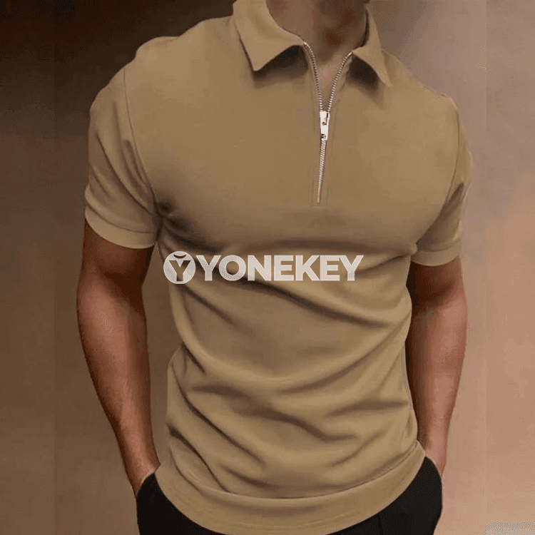 Erkekler üçin ýazky polo futbolka, gysga ýeňli, fermuarly, gündelik model