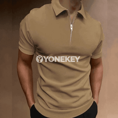 Erkekler üçin ýazky polo futbolka, gysga ýeňli, fermuarly, gündelik model