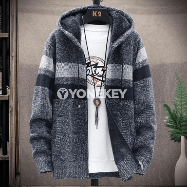 Erkekler üçin zolakly ziperli trikotaj kardigan switer, ýyly