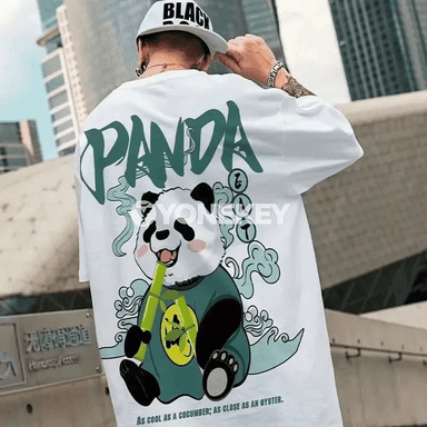 Erkekler üçin uly ölçegli panda çaply rahat futbolka