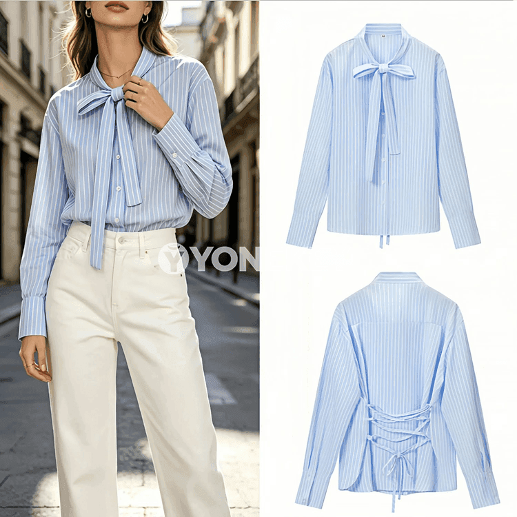 Zenanlar üçin zolakly köýnek-bluza, bogunly ýeňli, sypaýy stil