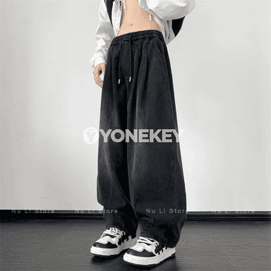 Erkek giň paçaly jeans, retro stil, beýik belli, ýyly möwsüm üçin