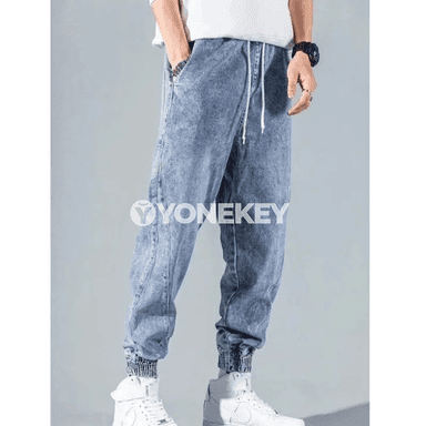 Erkekleriň üçin rahat baggy jinsli balaklar, ýokary bil, gündelik stil