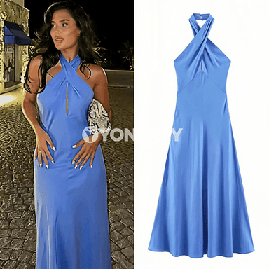 Zenanlar üçin ýeňsiz halter midi köýnek, tomusky rahat stil