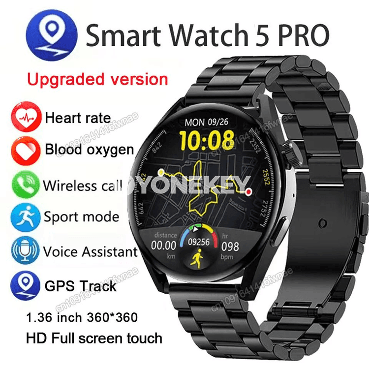 Erkekler üçin akylly sagat 5 Pro, AMOLED ekran, GPS, NFC, ýürek urşy gözegçiligi