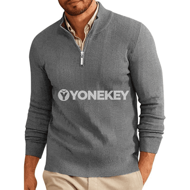 Erkekler üçin zipli ýyly turtleneck switer, uzyn ýeňli örülen model