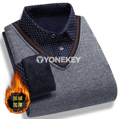 Erkekler üçin ýyly fleece trikotaž polo, uzyn ýeňli, gyşky rahat üst geýimi