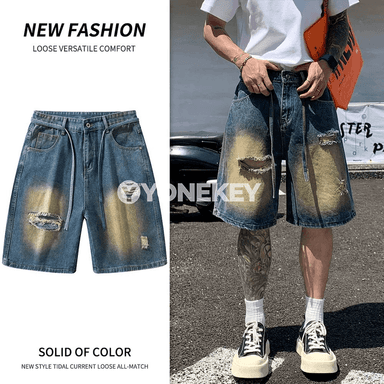 Erkekler üçin giň kesimli denim şortikler, ýaz-ýaz tomuslaýyn gündelik stil