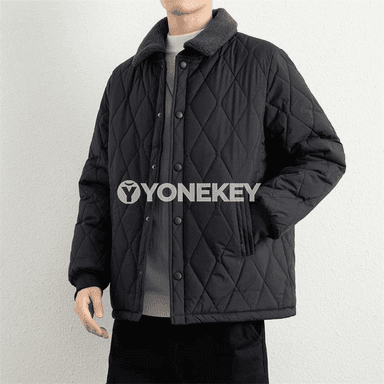 Erkekler üçin gyş ýyly pagta başly jaket, giň kesimli gündelik palto