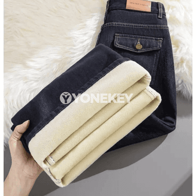 Zenanlar üçin giň balakly ýyly jeans, ýokary bel, gyş möwsümi