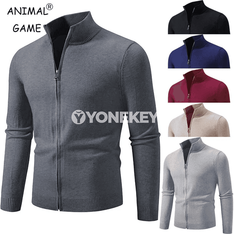Erkekler üçin ýyly gökjekli örülen kardigan, ýokary boýly, güýz-gyş