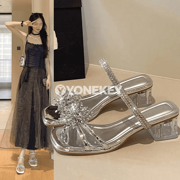 Tomusky rhinestone sandallar, döwrebap ökjeli aýakgap