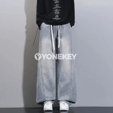 Erkekler üçin giň gönü denim jalbar, möwsümleýin rahat model