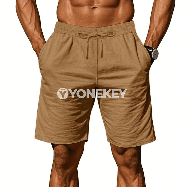 Erkekler üçin ýeňil tomus şorty, pambyk-lyýnli sport modeli