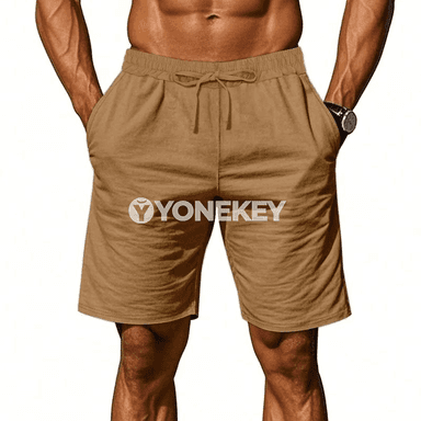 Erkekler üçin ýeňil tomus şorty, pambyk-lyýnli sport modeli