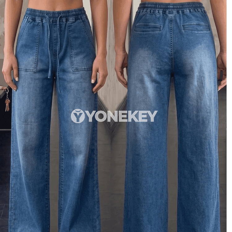 Zenanlar üçin giň kesimli ýokary belli denim jyns jalbar