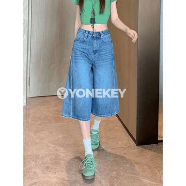 Zenanlar üçin giň balakly ýokary belli jeans, ýeňil gündelik model