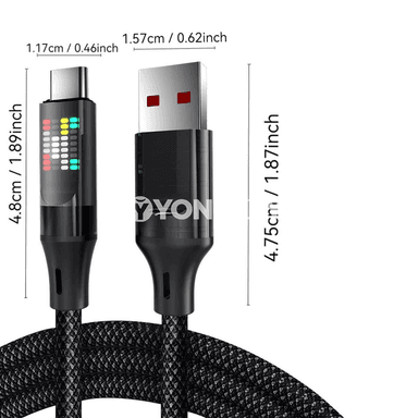 NNBILI 120W USB-A/Type-C çalt zarýad kabeli, LED displeýli, 6A