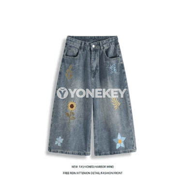 Erkekler üçin giň kesimli, nagyşly ýaz jeans şortikleri