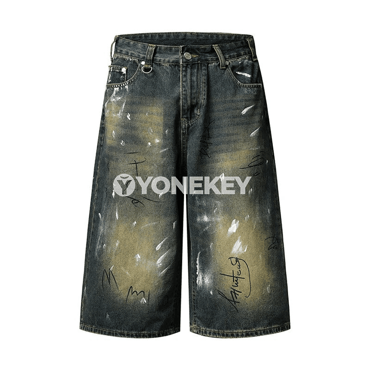 Erkekler üçin giň kesimli denim şortik, nakyşly gündelik stil