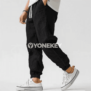 Koreý görnüşli erkek linen balaklary, rahat giň model, ýaz güýz üçin