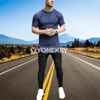 Erkekler üçin elastik billi dar jeans, döwükli trend balak
