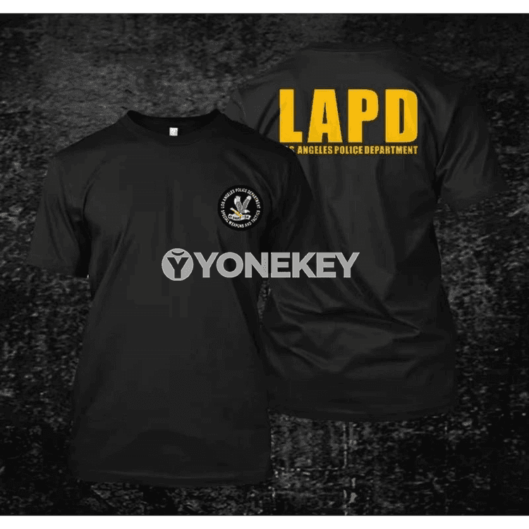 LAPD Los Angeles Police uniseks gündelik gysga ýeňli futbolka