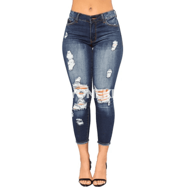 Zenanlar üçin dar kesimli, ýokary elastik, ýyrtyk denim jeans