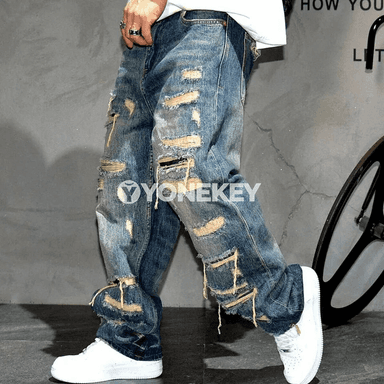 Erkek baggy zäher jeans, göni kesimli, şäher stilindäki balak