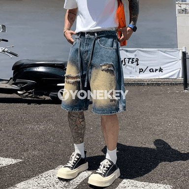 Erkekler üçin giň kesimli denim şortikler, ýaz-ýaz tomuslaýyn gündelik stil