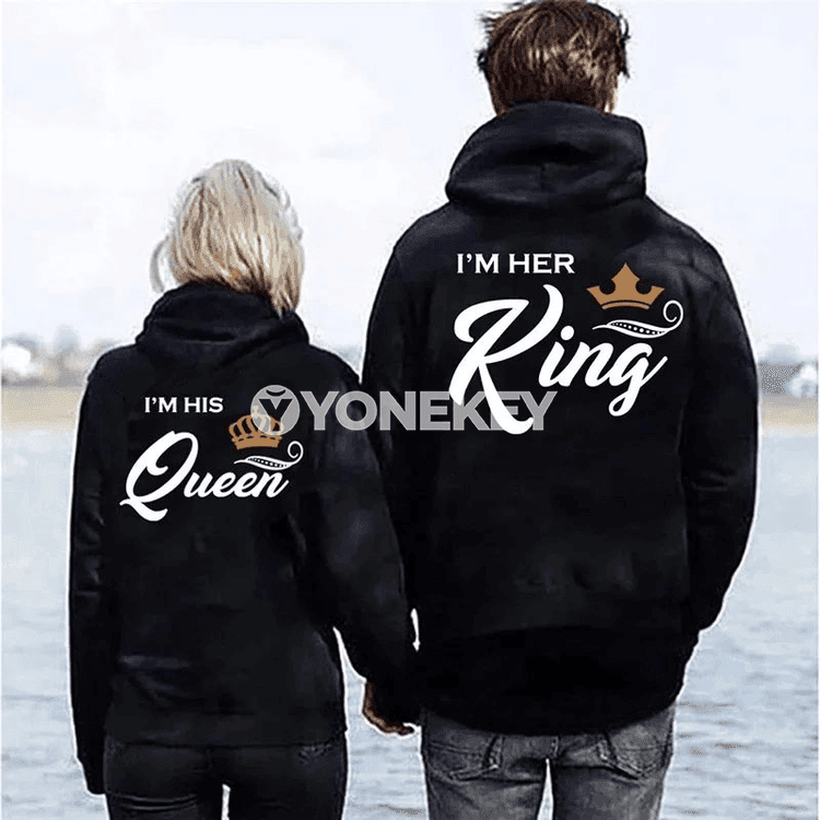 Jübütler üçin güýz-gyş hoodie: KING / QUEEN çaply rahat model