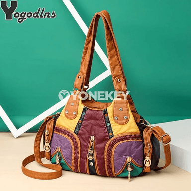 Zenanlar üçin retro PU deri egin sumkasy, giň jüplü bezegli model