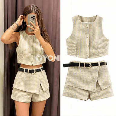 Zenanlar üçin ýeňsiz bellemeli 2 bölek kostýum-toply set