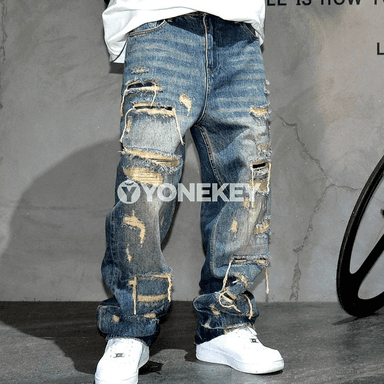 Erkek baggy zäher jeans, göni kesimli, şäher stilindäki balak
