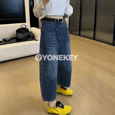 Aýal-gyzlar üçin giň kesimli göni balak, ýeňil denim