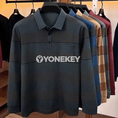 Erkekler üçin zolakly uzyn ýeňli polo kofta, döş jübüli
