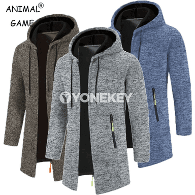 Erkekler üçin kapýuşonly uzyn ýeňli fermuarly ýyly hoodi