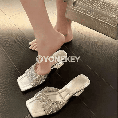 Sequinli ýokary ökjeli açyk burun aýal sandallary, tomus modeli