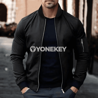 Erkekler üçin güýz bomber jaket, ýelege garşy, fermuarly