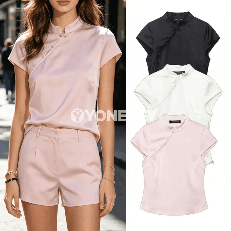 Zenanlar üçin gysga ýeňli slim fit düwmejikli şäher bluzkasy